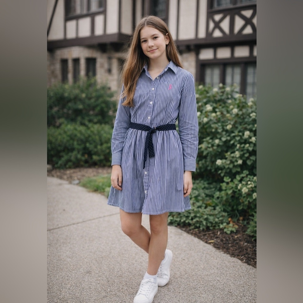 Polo Ralph Lauren Dress Girls 10 Blue White Striped Belted Shirt Long Sleeve